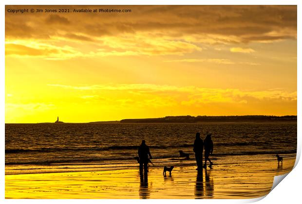 Dog walkers on the beach at sunrise Print by Jim Jones