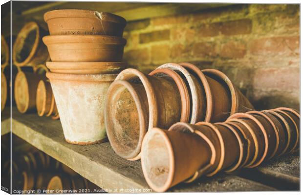 Traditional Terracotta Flower Pots In A Gardeners Shed Canvas Print by Peter Greenway