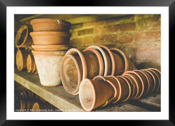 Traditional Terracotta Flower Pots In A Gardeners Shed Framed Mounted Print by Peter Greenway