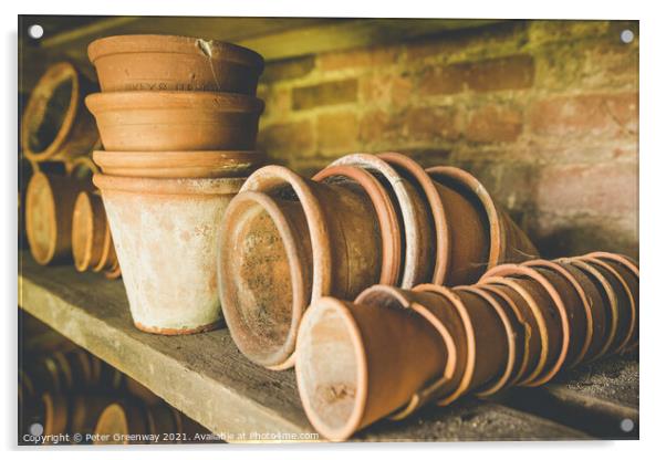 Traditional Terracotta Flower Pots In A Gardeners Shed Acrylic by Peter Greenway