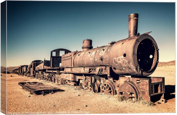 Old rusty train cemetery in Uyuni, Bolivia Canvas Print by Delphimages Art