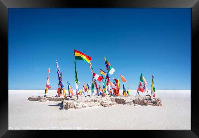 World flags in Salar de Uyuni, Bolivia Framed Print by Delphimages Art