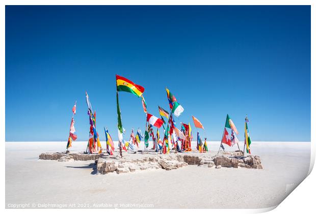 World flags in Salar de Uyuni, Bolivia Print by Delphimages Art