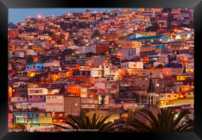 Colourful houses at night in Valparaiso, Chile Framed Print by Delphimages Art