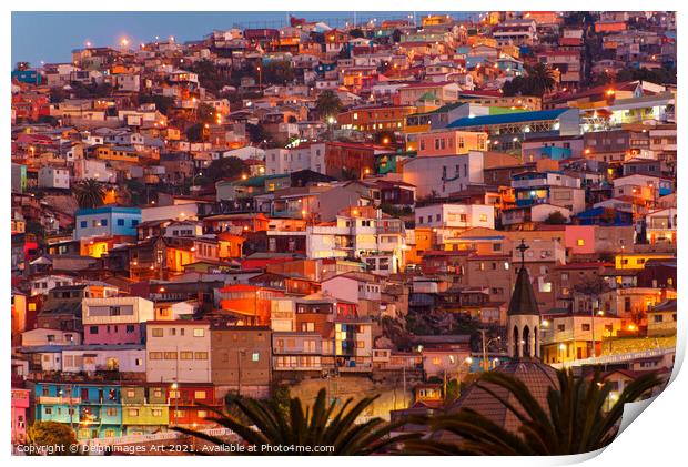 Colourful houses at night in Valparaiso, Chile Print by Delphimages Art