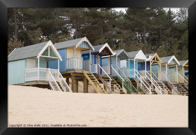 Row of beach huts against the pine trees Framed Print by Clive Wells