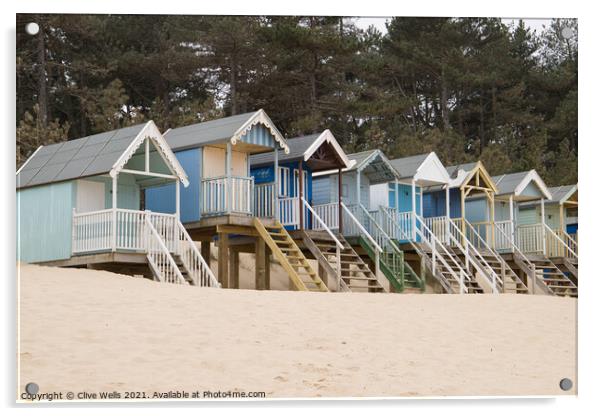 Row of beach huts against the pine trees Acrylic by Clive Wells