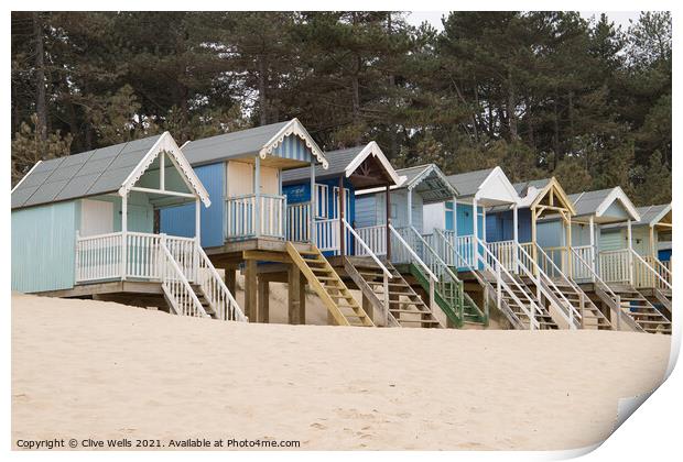 Row of beach huts against the pine trees Print by Clive Wells