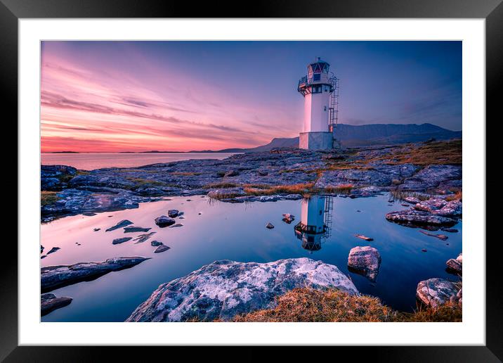 Golden Reflections of Rhue Lighthouse Framed Mounted Print by John Frid