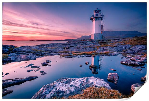 Golden Reflections of Rhue Lighthouse Print by John Frid