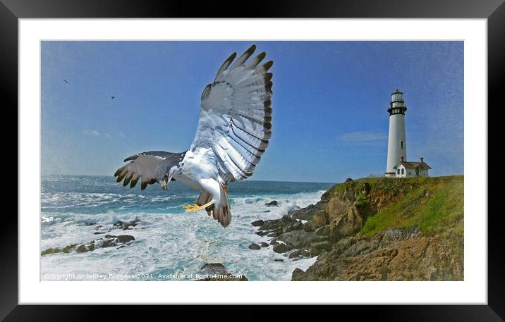 Pigeon Lighthouse with Hawk Framed Mounted Print by Jeffrey Burgess