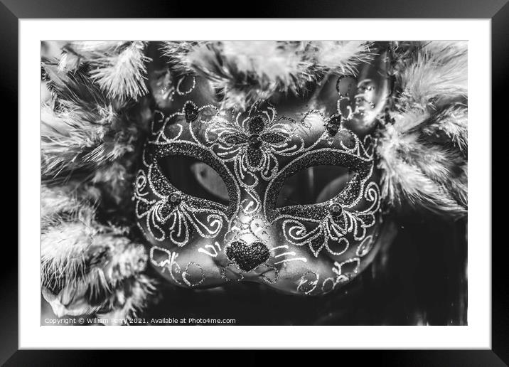 Black White Mask Feathers Mardi Gras New Orleans Louisiana Framed Mounted Print by William Perry