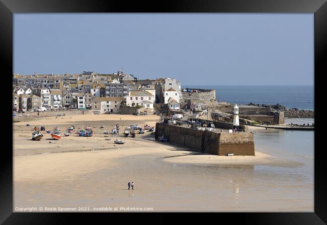 St Ives Beach and Lighthouse in Cornwall Framed Print by Rosie Spooner