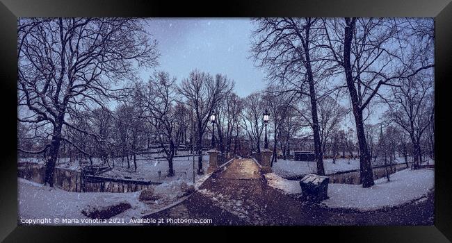 Panorama of a snowy city park during in the evening Framed Print by Maria Vonotna