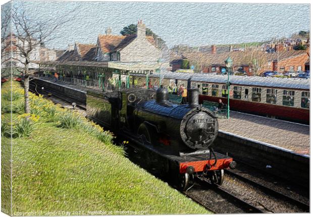 Train at Swanage Station Oil Canvas Print by Sandra Day