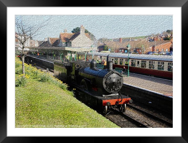 Train at Swanage Station Oil Framed Mounted Print by Sandra Day