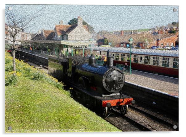 Train at Swanage Station Oil Acrylic by Sandra Day