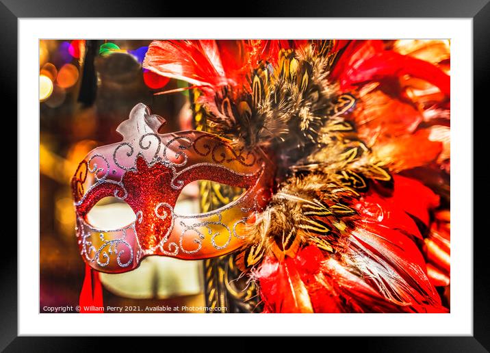 Colorful Red Mask Feathers Mardi Gras New Orleans Louisiana Framed Mounted Print by William Perry