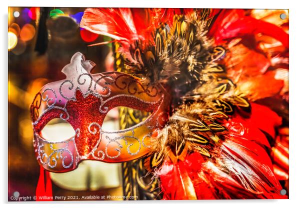 Colorful Red Mask Feathers Mardi Gras New Orleans Louisiana Acrylic by William Perry