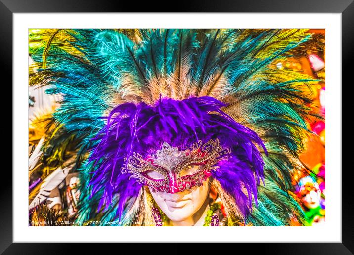 Colorful Red Mask Purple Feathers Mardi Gras New Orleans Louisia Framed Mounted Print by William Perry