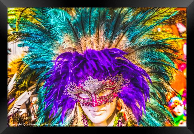 Colorful Red Mask Purple Feathers Mardi Gras New Orleans Louisia Framed Print by William Perry