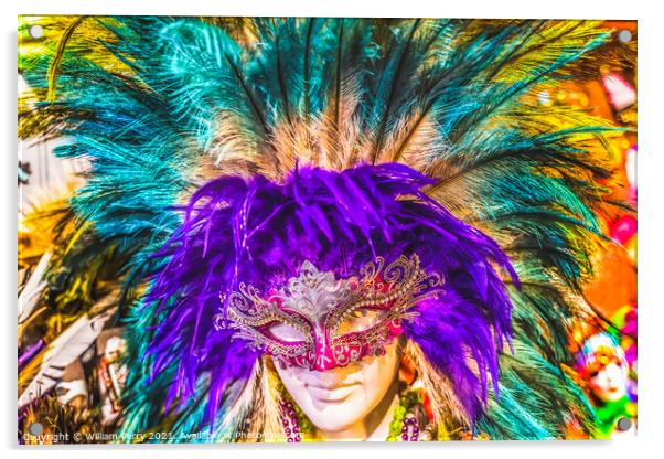 Colorful Red Mask Purple Feathers Mardi Gras New Orleans Louisia Acrylic by William Perry