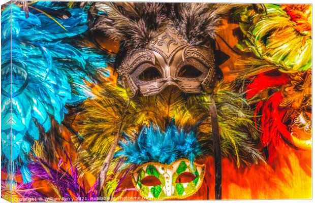 Colorful Green Black Masks Blue Feathers Mardi Gras New Orleans Canvas Print by William Perry