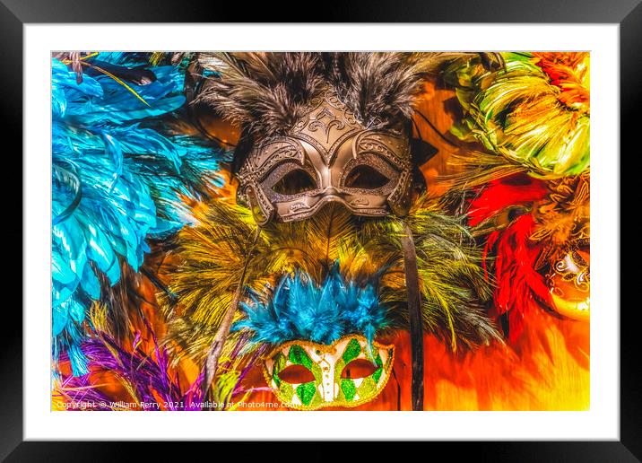 Colorful Green Black Masks Blue Feathers Mardi Gras New Orleans Framed Mounted Print by William Perry
