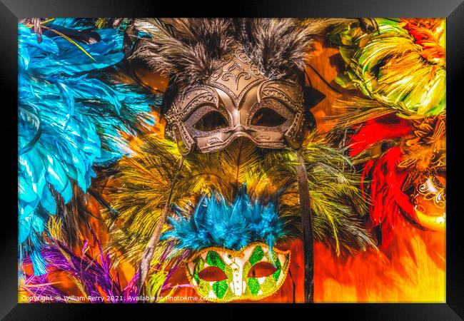 Colorful Green Black Masks Blue Feathers Mardi Gras New Orleans Framed Print by William Perry