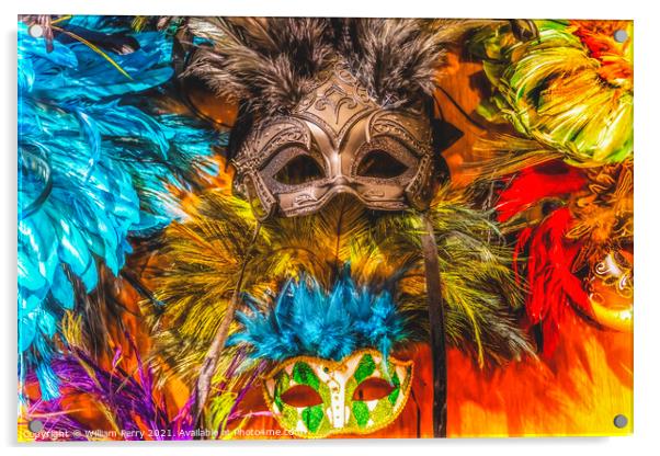 Colorful Green Black Masks Blue Feathers Mardi Gras New Orleans Acrylic by William Perry