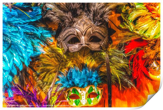 Colorful Green Black Masks Blue Feathers Mardi Gras New Orleans Print by William Perry
