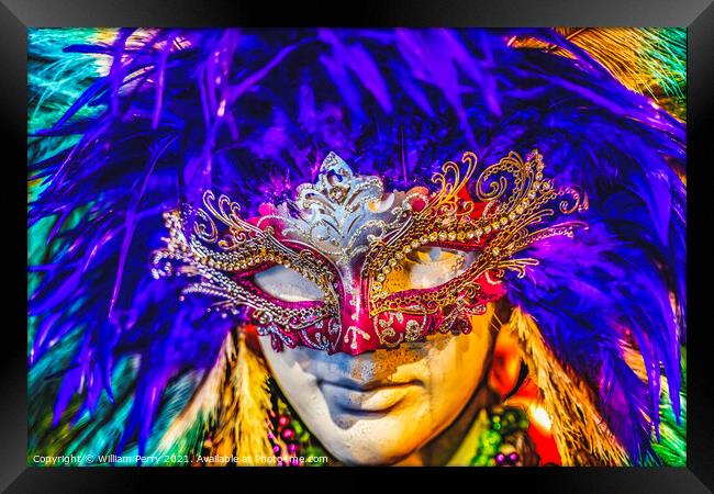 Colorful Red Mask Blue Feathers Mardi Gras New Orleans Louisiana Framed Print by William Perry