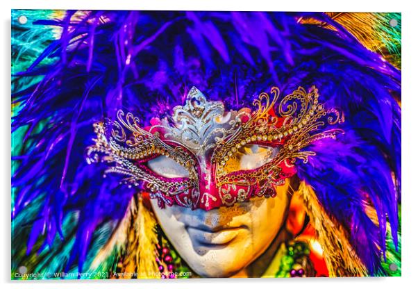 Colorful Red Mask Blue Feathers Mardi Gras New Orleans Louisiana Acrylic by William Perry