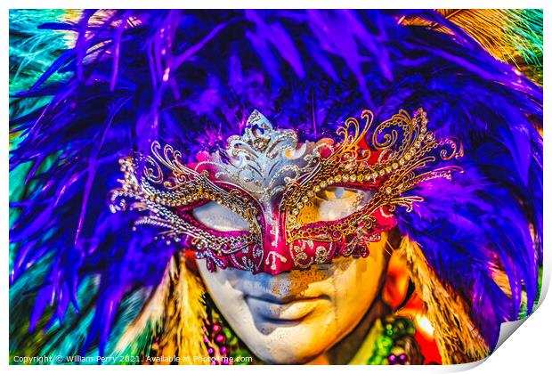 Colorful Red Mask Blue Feathers Mardi Gras New Orleans Louisiana Print by William Perry