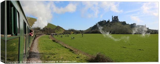 Corfe Castle from Flying Scotsman Canvas Print by Sandra Day