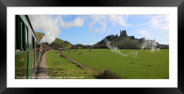 Corfe Castle from Flying Scotsman Framed Mounted Print by Sandra Day