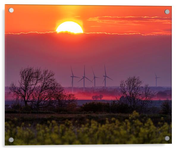 Sunset behind Tick Fen Windfarm, 30th April 2021 Acrylic by Andrew Sharpe