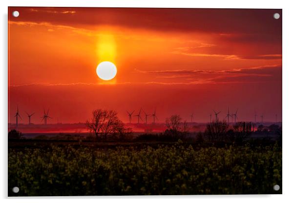Sunset behind Tick Fen Windfarm, 30th April 2021 Acrylic by Andrew Sharpe