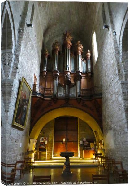 Inside the church at Saint-Guilhem-le-Désert Canvas Print by Ann Biddlecombe