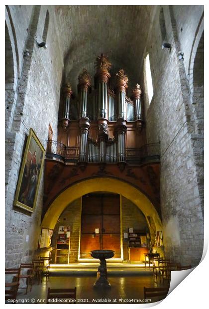Inside the church at Saint-Guilhem-le-Désert Print by Ann Biddlecombe