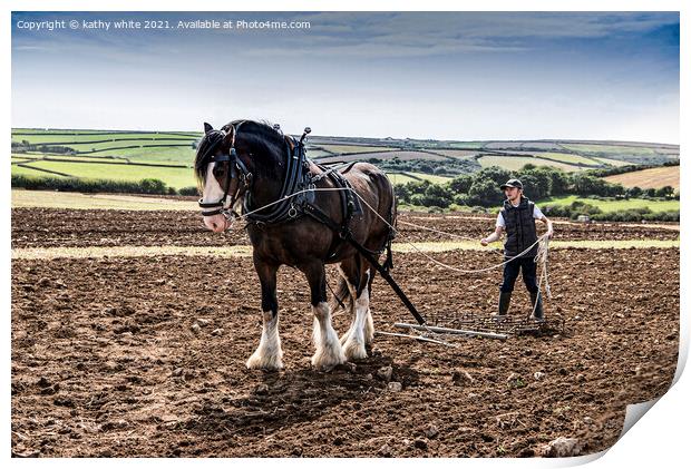  Ploughing the field with a horse Print by kathy white