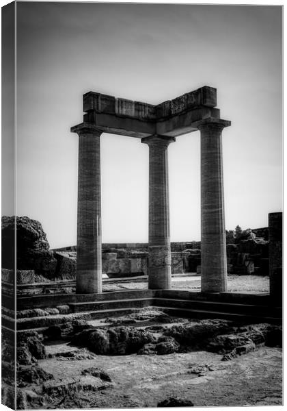 Rhodes Acropolis of Lindos Stoa of Psithyros Ruins in Monochrome Canvas Print by Antony McAulay