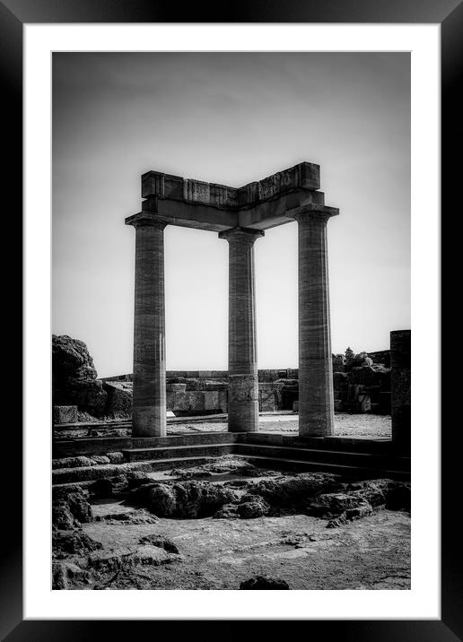 Rhodes Acropolis of Lindos Stoa of Psithyros Ruins in Monochrome Framed Mounted Print by Antony McAulay
