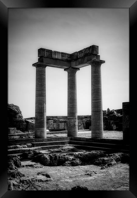 Rhodes Acropolis of Lindos Stoa of Psithyros Ruins in Monochrome Framed Print by Antony McAulay