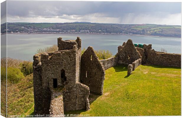 Llansteffen castle looking over the river Towy to Ferryside Canvas Print by Jenny Hibbert