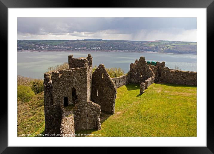 Llansteffen castle looking over the river Towy to Ferryside Framed Mounted Print by Jenny Hibbert