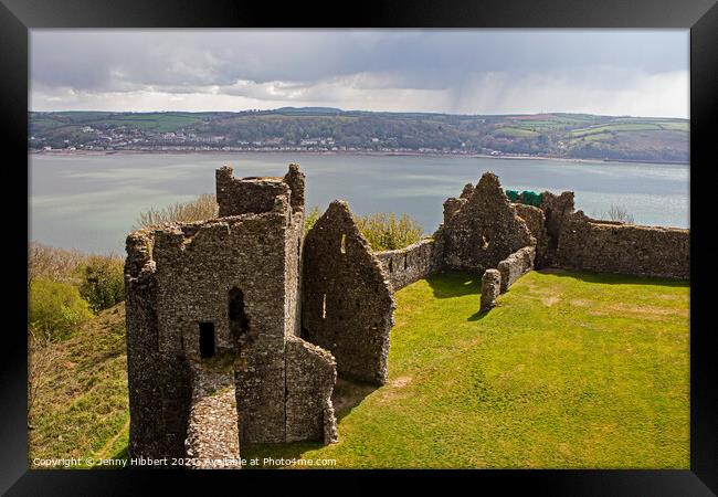 Llansteffen castle looking over the river Towy to Ferryside Framed Print by Jenny Hibbert