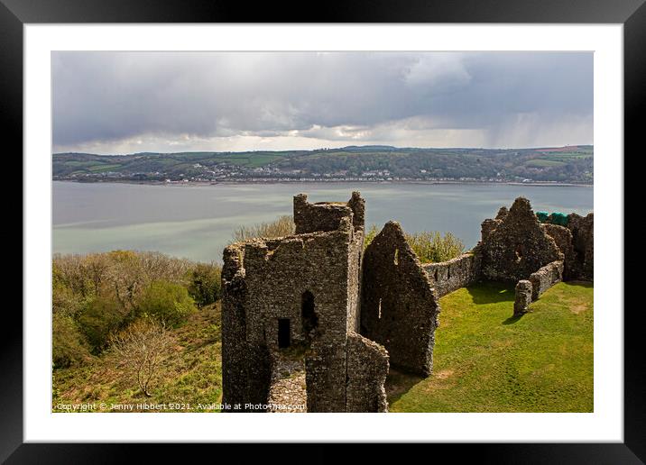 Llansteffen castle with views of river Towy and Ferryside, Carmarthenshire Framed Mounted Print by Jenny Hibbert