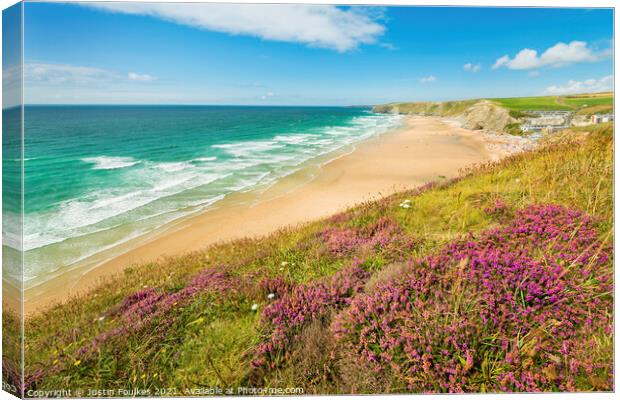 Heather above Watergate Bay, Cornwall Canvas Print by Justin Foulkes