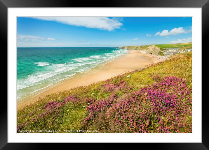 Heather above Watergate Bay, Cornwall Framed Mounted Print by Justin Foulkes